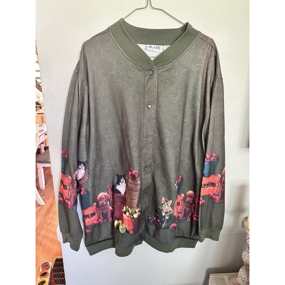 VINTAGE BLAIR AUTUMN Jacket Cardigan Womens 2XL Cat Dog Apple Fall‎ Teacher - Picture 1 of 4